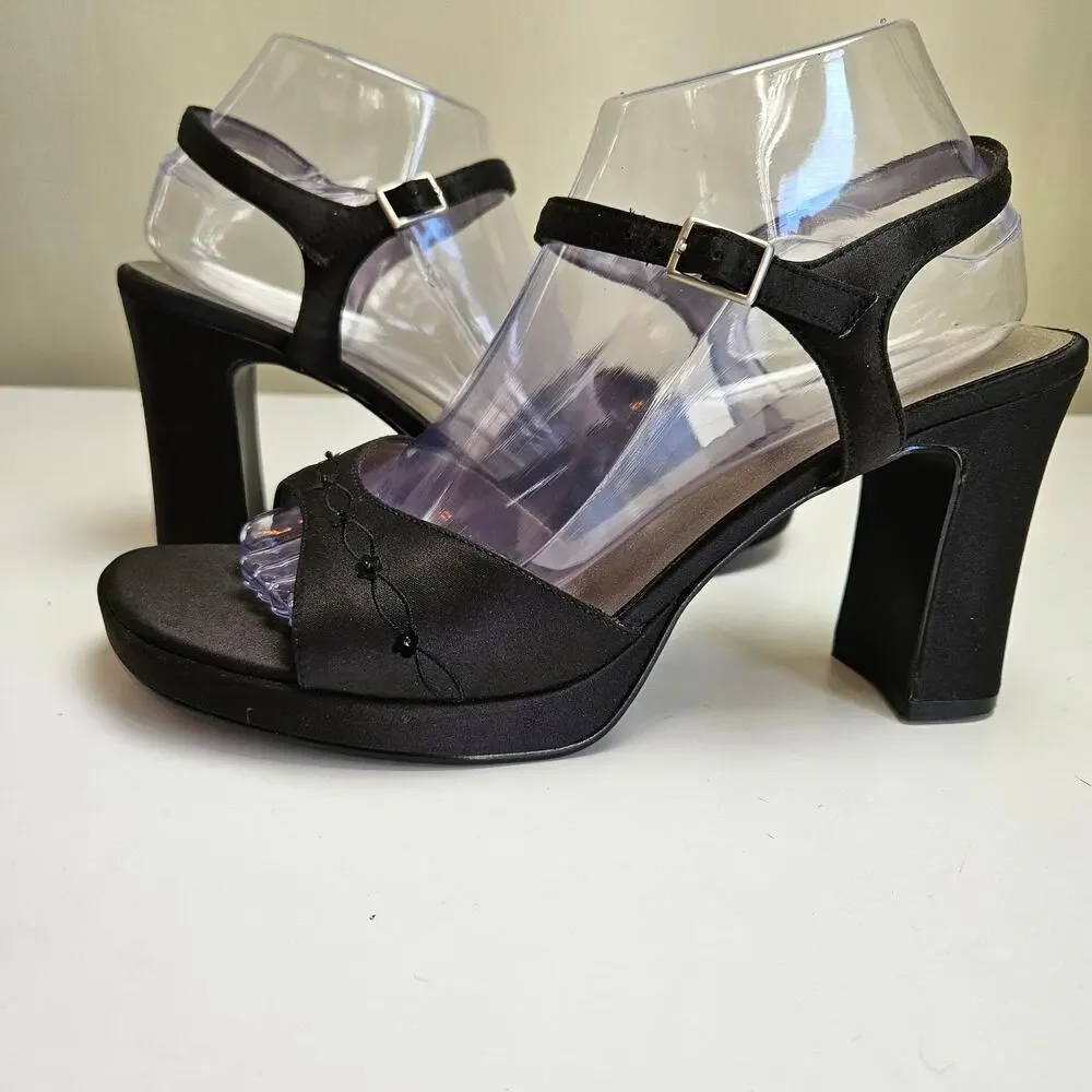 Y2K Unlisted Wedge Heels Women's 10 Black Satin Sequin Ankle Strap‎ Sandals